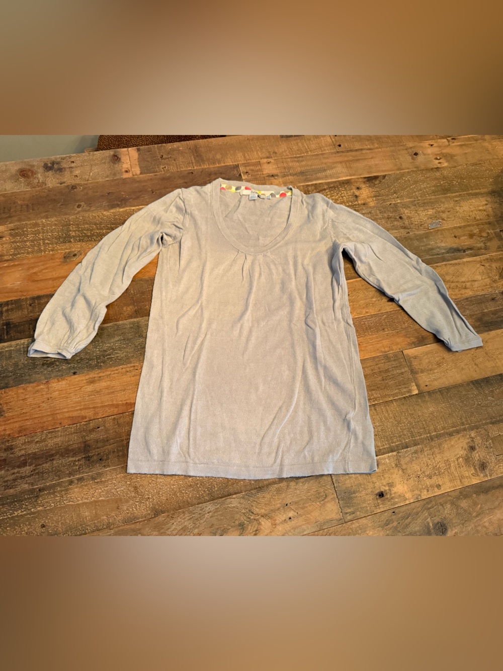 Boden Light Gray Knit Top with Multicolor Polka Trim